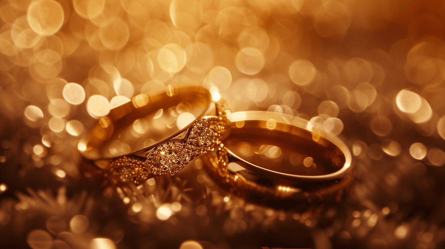 A couple celebrating their golden anniversary with elegant gold gifts representing 50 years of precious love