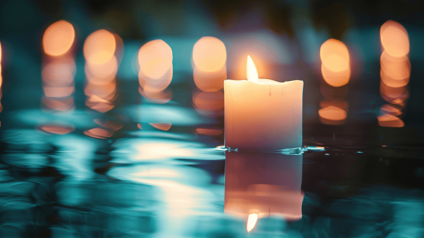 A peaceful memorial setting with candles and cherished photographs honoring a loved one